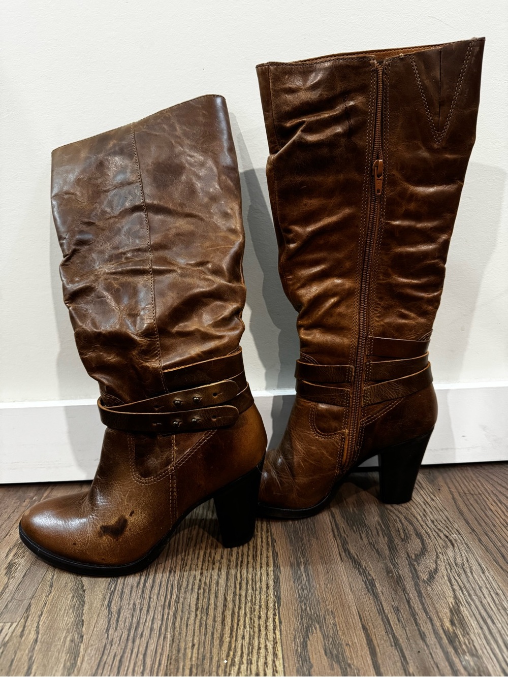 Women's Brown Mid-Calf Heeled Boots with Strap Detail